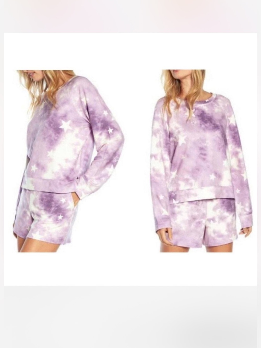 Wildfox Purple & White Star Tie Dye Lounge Set Shorts & Sweatshirt Cotton Blend